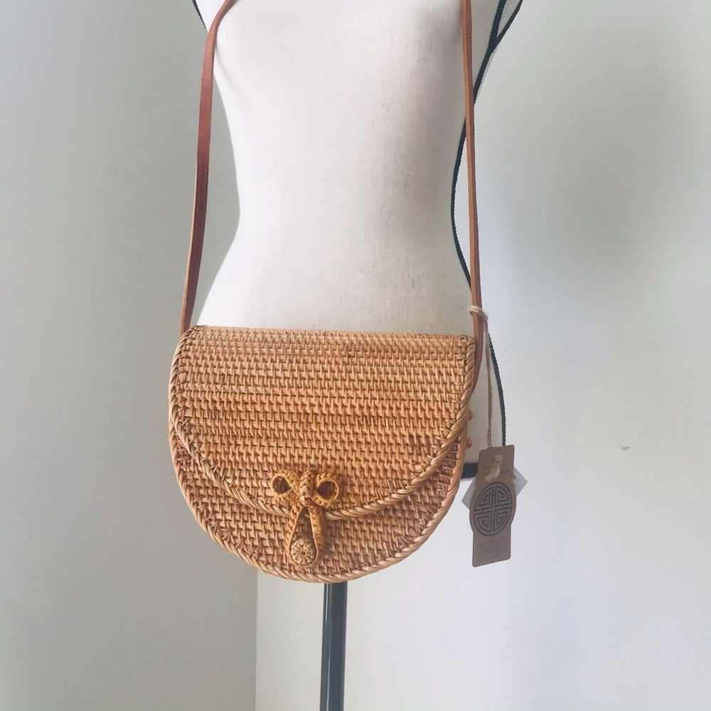 NWT gorgeous Rattan & Leather shoulder bag purse
